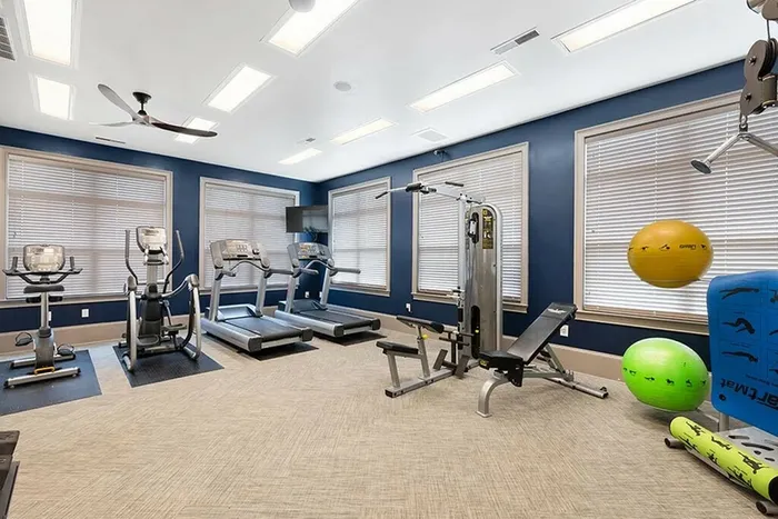 Modern apartment gym with state-of-the-art exercise machines, vibrant stability balls, and sleek design for a premium fitness experience.