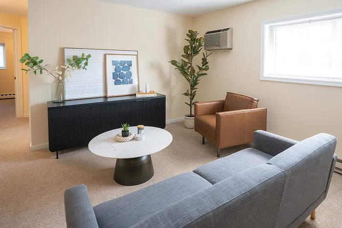 Cozy living room with modern decor, featuring a comfortable gray sofa, stylish leather armchair, and a sleek black sideboard adorned with art and greenery.