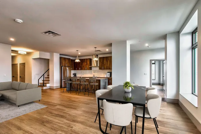 Modern open-concept apartment featuring a stylish dining area, cozy living space, and a sleek kitchen with wooden cabinetry.