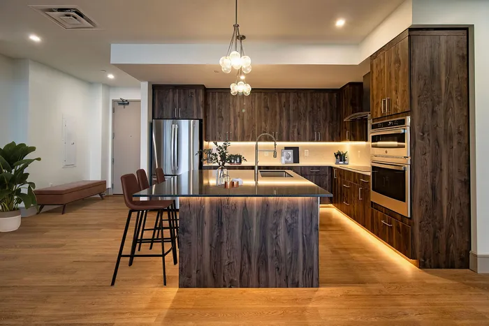 Luxurious modern kitchen with elegant dark wood cabinetry, sleek stainless steel appliances, and ambient pendant lighting over a spacious island.