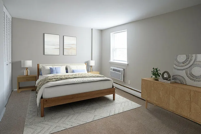 Bright and airy bedroom featuring a modern bed, elegant decor, a large window, and stylish wooden furniture.