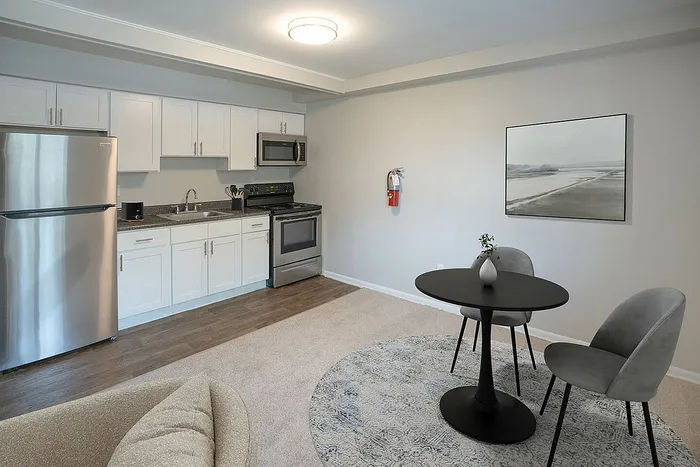 Chic modern kitchen with sleek stainless steel appliances, elegant cabinetry, and cozy dining space in a well-lit apartment.