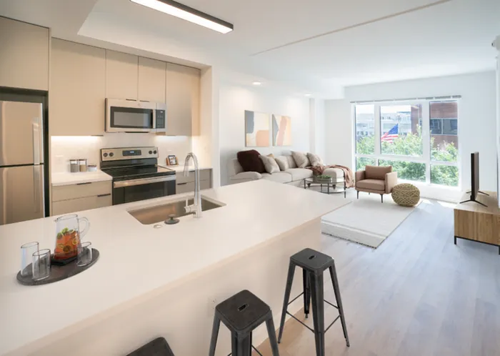 Modern open-concept living space featuring a sleek kitchen with stainless steel appliances, spacious island, and cozy living area with abundant natural light.