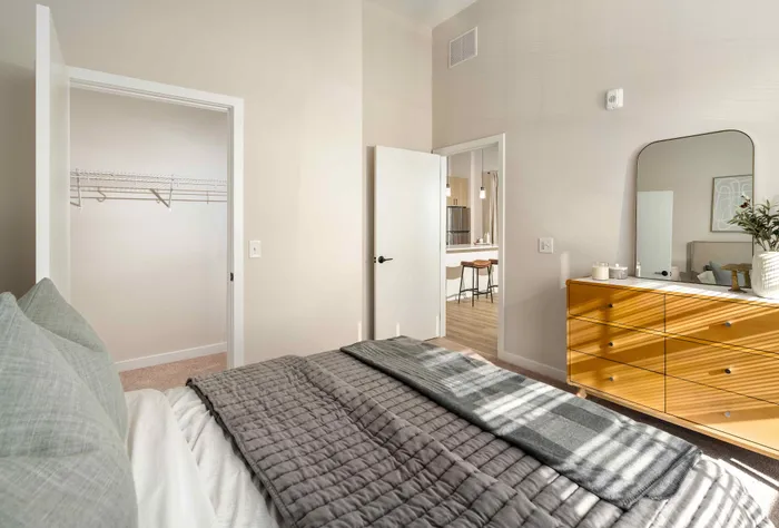 Inviting bedroom with modern decor, featuring a cozy bed, sleek wooden dresser, and open closet space, bathed in natural light.