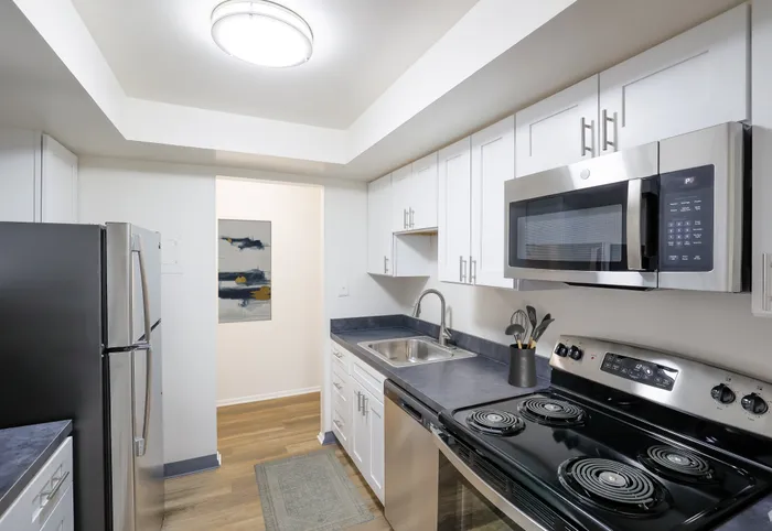 Modern kitchen with sleek stainless steel appliances, bright white cabinetry, and elegant wood flooring.