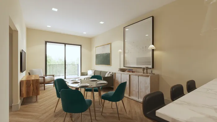 Elegant open-concept living and dining area with modern decor, featuring a cozy seating arrangement, sleek wooden flooring, and natural light streaming in through large glass doors.