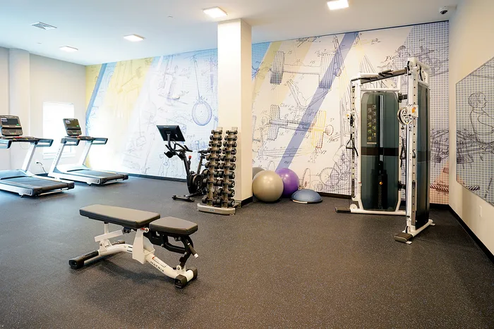Modern fitness center with treadmills, weight machines, and vibrant mural art, perfect for an energizing workout.
