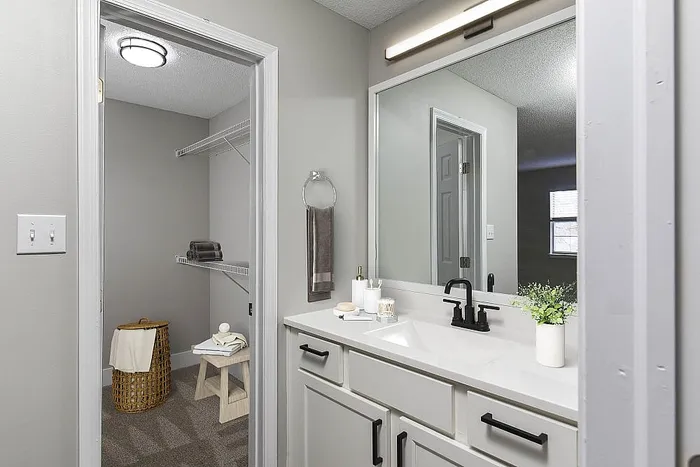 Sleek modern bathroom with elegant vanity, large mirror, and bright walk-in closet offering abundant storage space.