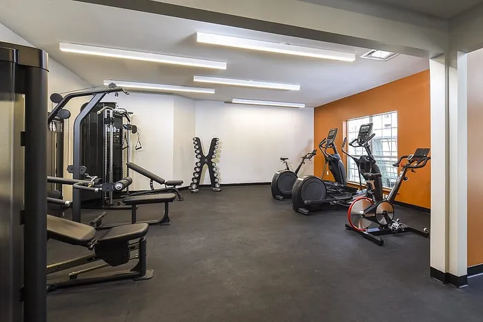 Modern apartment gym featuring state-of-the-art exercise equipment, vibrant design, and ample natural light.