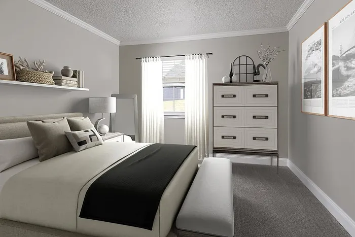 Elegant bedroom with modern decor, featuring a cozy bed, chic dresser, and natural light streaming through a window.