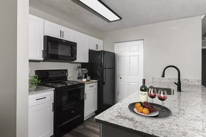 Modern kitchen with sleek black appliances, granite countertops, and elegant decor for a perfect cooking oasis.