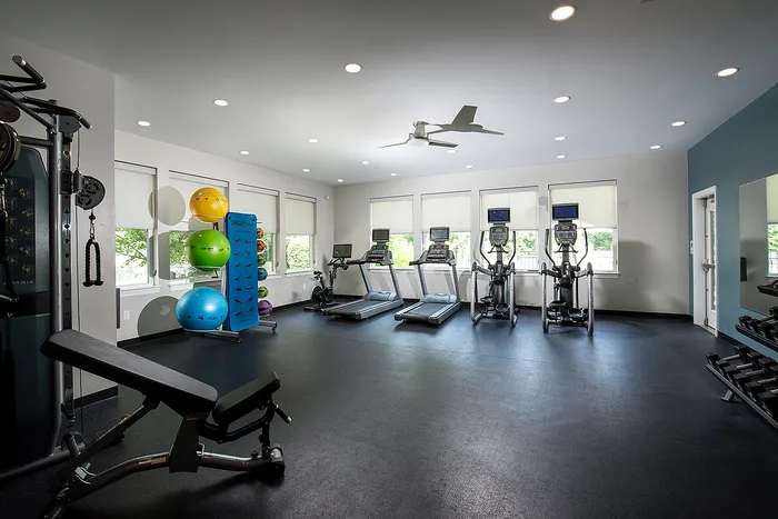 Modern fitness center with natural light, featuring treadmills, elliptical machines, and vibrant stability balls, perfect for an energizing workout.
