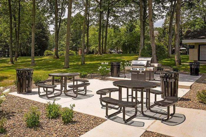 Inviting outdoor patio area with picnic tables and a modern grill, surrounded by lush greenery and towering trees for a perfect community gathering space.