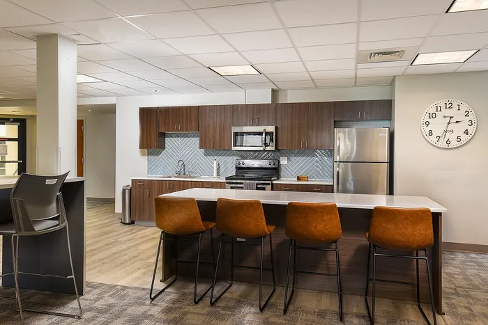 Modern kitchen with sleek wooden cabinetry, stainless steel appliances, and a stylish breakfast bar with leather stools.