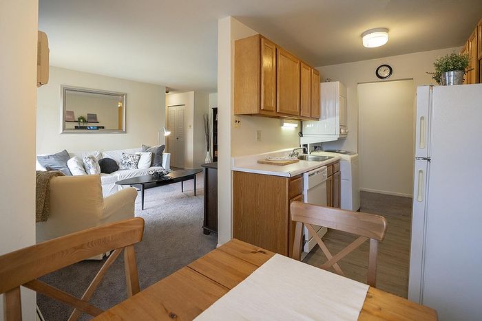 Inviting open-plan apartment with cozy living room, bright kitchen, and warm dining area.