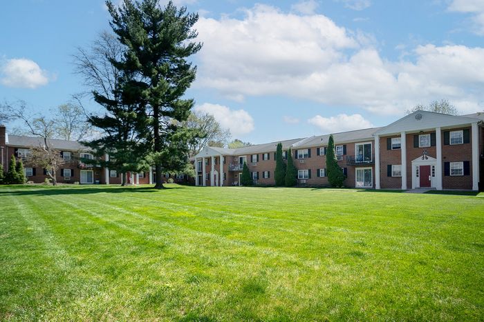 Charming brick apartment buildings with lush green lawns and large trees under a bright blue sky.