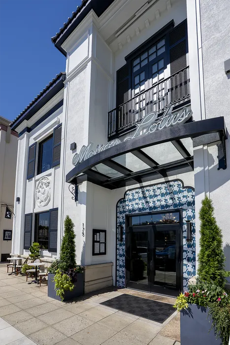Elegant urban facade of Maison Lotus with stylish architectural details, vibrant blue mosaic accents, and lush greenery.