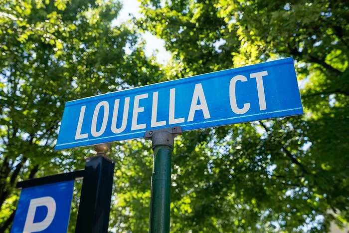 Vibrant street sign for Louella Ct set against lush green trees, evoking a sense of welcoming residential charm.