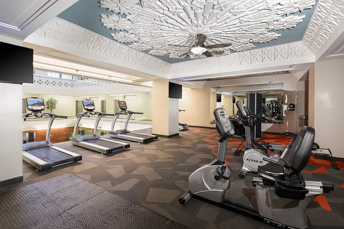 Spacious and modern apartment gym featuring state-of-the-art treadmills and exercise bikes, with elegant ceiling design and ample natural light.