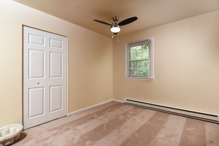 Bright and inviting bedroom with plush carpet, ample closet space, and a modern ceiling fan.