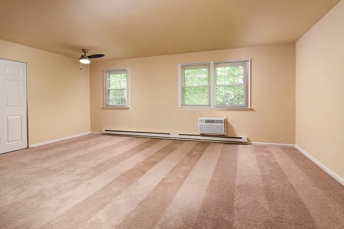 Spacious room with beige carpeting, two large windows with natural light, modern ceiling fan, and wall-mounted air conditioning unit, perfect for comfort and relaxation.