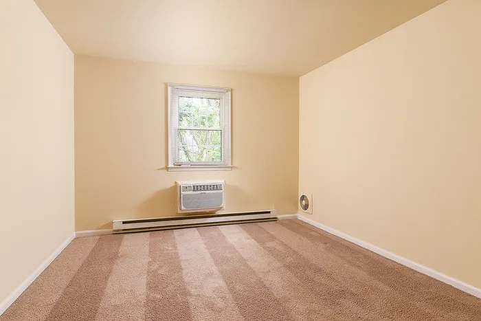 Bright and cozy room with plush carpet, featuring a window with natural light and a modern air conditioning unit.
