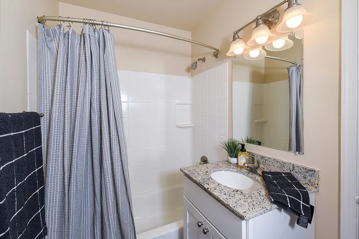 Bright and inviting bathroom with elegant vanity, modern lighting, and stylish shower curtain.