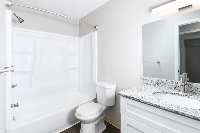 Sleek modern bathroom featuring a pristine bathtub, elegant granite countertop, and chic fixtures for a luxurious feel.