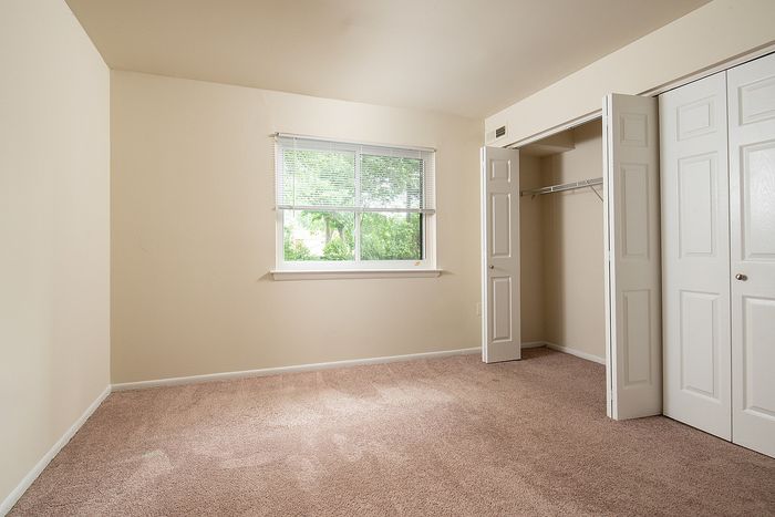Bright and inviting bedroom with plush carpet, large window, and ample closet space, perfect for comfort and storage.