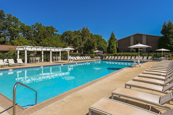 Inviting outdoor pool area with elegant loungers, shaded pergolas, and vibrant landscaping, ideal for relaxation and leisure.