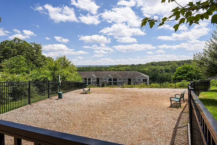 Serene outdoor area with a spacious fenced dog park, surrounded by lush greenery and a charming apartment building in the background under a clear blue sky.