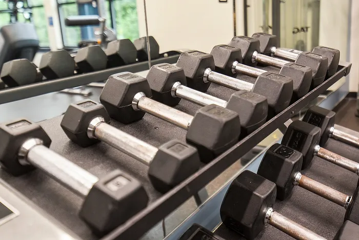 Modern gym with a sleek rack of black dumbbells, reflecting a clean and motivating fitness environment.