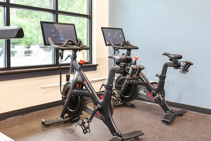 Modern fitness area with high-tech Peloton bikes and scenic window views, ideal for an invigorating workout experience.