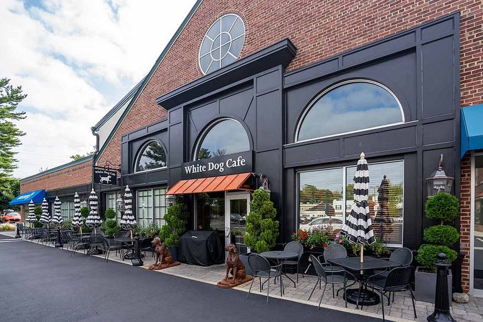 Inviting exterior of White Dog Cafe with elegant outdoor seating, classic brick fa&ccedil;ade, and stylish striped umbrellas.
