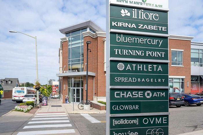 Vibrant shopping complex with popular retail brands like Athleta and Chase, set against a modern architectural backdrop.