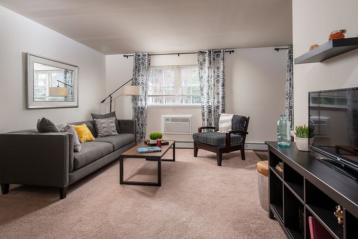 Cozy and stylish living room featuring a plush gray sofa, elegant patterned curtains, and modern decor with ample natural light.