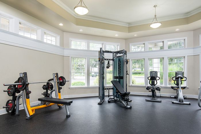 Bright and spacious gym room with modern exercise equipment and large windows overlooking greenery.