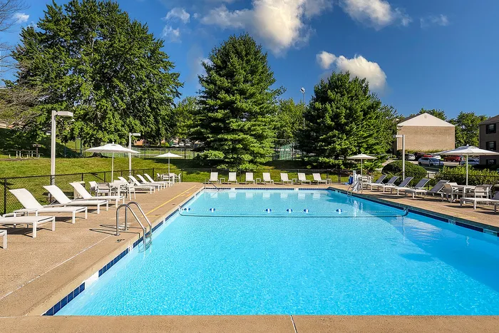 Inviting outdoor pool area surrounded by lush greenery and comfortable lounge chairs, perfect for relaxation and leisure.