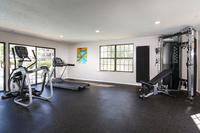 Modern fitness center with natural light, featuring cardio machines and a multi-functional strength station.