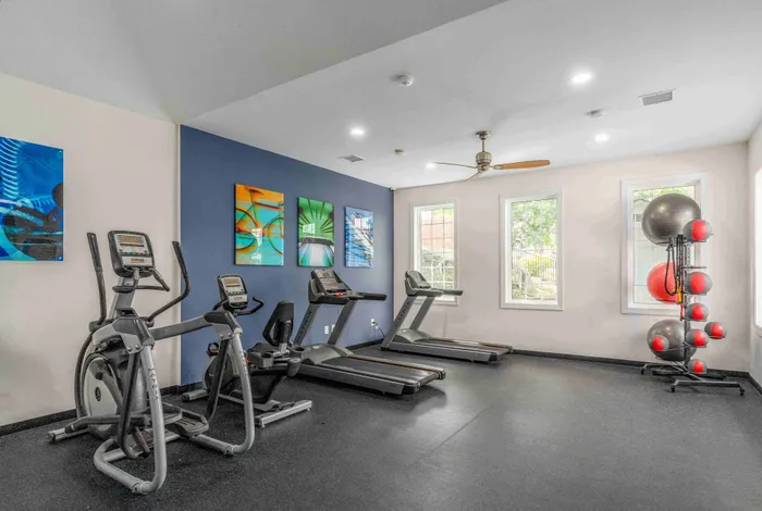 Bright and modern fitness center featuring state-of-the-art treadmills, ellipticals, and colorful artwork, perfect for an energetic workout.