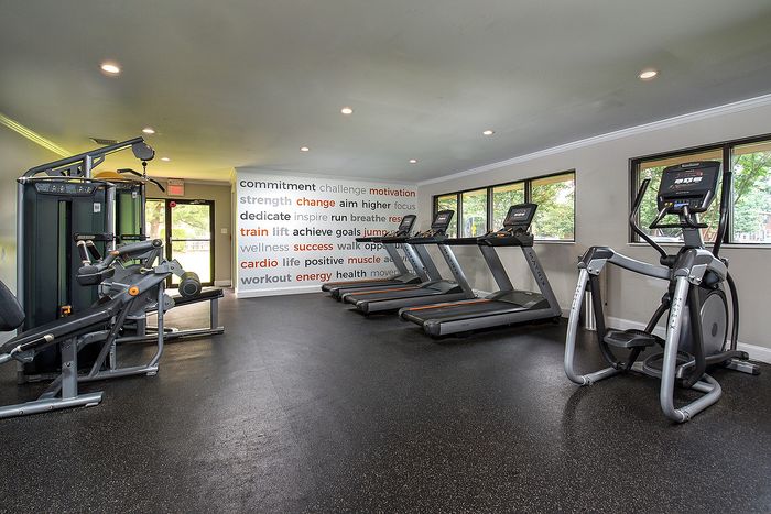 Inviting fitness center with modern exercise equipment, including treadmills and a multifunctional gym machine, surrounded by motivational words and ample natural light.