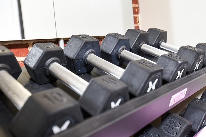 Sleek gym setup with a row of high-quality dumbbells, perfect for a fitness-focused apartment lifestyle.