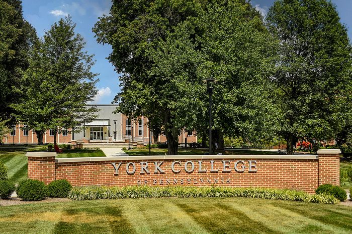 York College of Pennsylvania entrance with vibrant green lawns and towering trees framing a welcoming path.