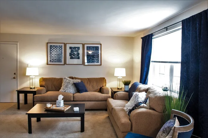 Cozy living room with plush sofas, elegant decor, and abundant natural light from large windows with navy curtains.