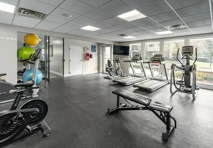 Bright and modern fitness center with state-of-the-art equipment, including treadmills, stationary bikes, and strength training benches, offering a refreshing workout with garden views.