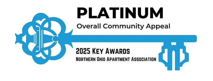 Platinum award for overall community appeal from the 2025 Key Awards by Northern Ohio Apartment Association, featuring a decorative blue key design.