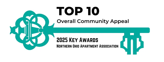 Award-winning design showcasing a teal key graphic for the 2025 Key Awards by the Northern Ohio Apartment Association, highlighting top community appeal.