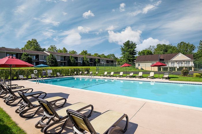 Inviting apartment community pool area with sun loungers, vibrant umbrellas, and lush greenery under a perfect blue sky.