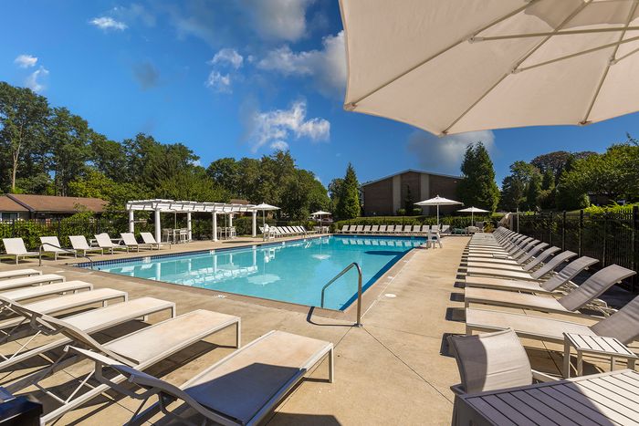 Luxurious outdoor pool area with elegant lounge chairs, surrounded by lush greenery and bright blue skies.