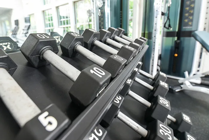 Modern gym featuring a sleek set of dumbbells, with bright windows and state-of-the-art fitness equipment in the background.